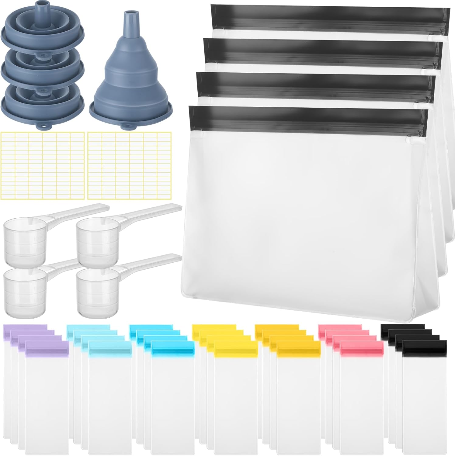 42 Pcs Protein Powder Travel Container Set Single Dose Reusable Powder Supplement Packets Portable Travel Organizer Zip up Bags with Funnels, Spoons and Labels