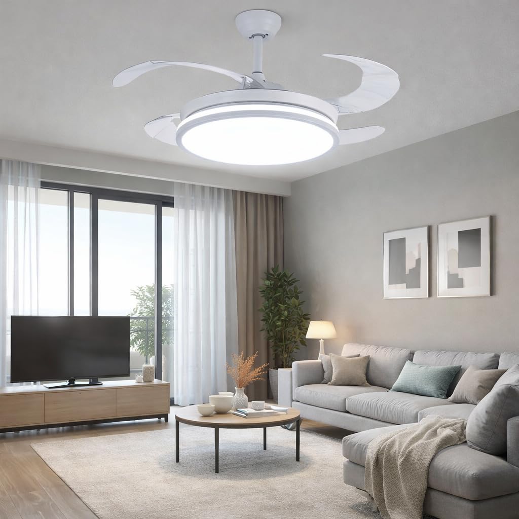Ventilador de Techo Led 66W, Regulable en Intensidad y en Tono de Luz de Fria a Cálida, 4 Aspas Retráctiles, Mando a Distancia y APP para Móvil, Motor DC Ultra Silencioso, 6 Velocidades (Olg Blanco)