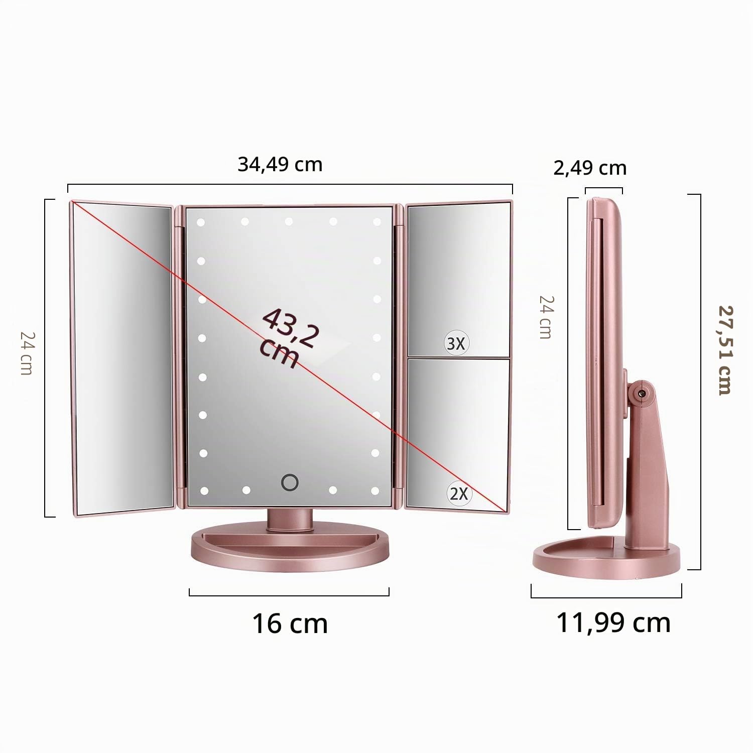 deweisn Specchio Trucco con 21 LEDs, Specchio di Vanity Trifold Ruota di 180° Ingrandimento 1x / 2X / 3X Specchio per Il con Touchscreen per Il Trucco e la Cura della Pelle (Oro Rosa)