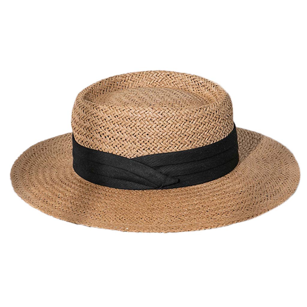 SEATTLESunhat Summer Woven Straw Sun Hat Flat Wide Brim Ribbon Boho Panama  Boater Beach Cap
