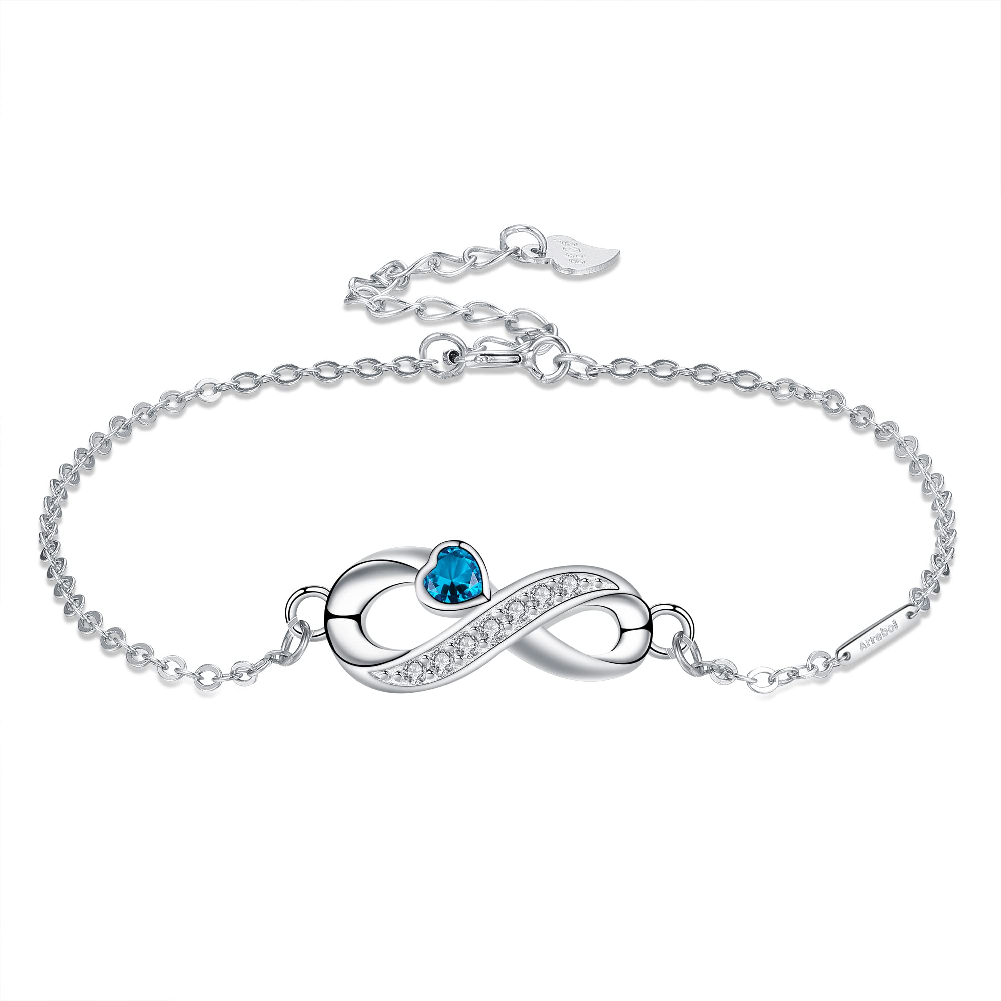 Arrebol Pulsera Infinito para Mujer Plata de Ley 925 con Corazón Circonita Cúbica Símbolo de Infinito, Ajustable (16 + 4cm) Regalo para Mujeres