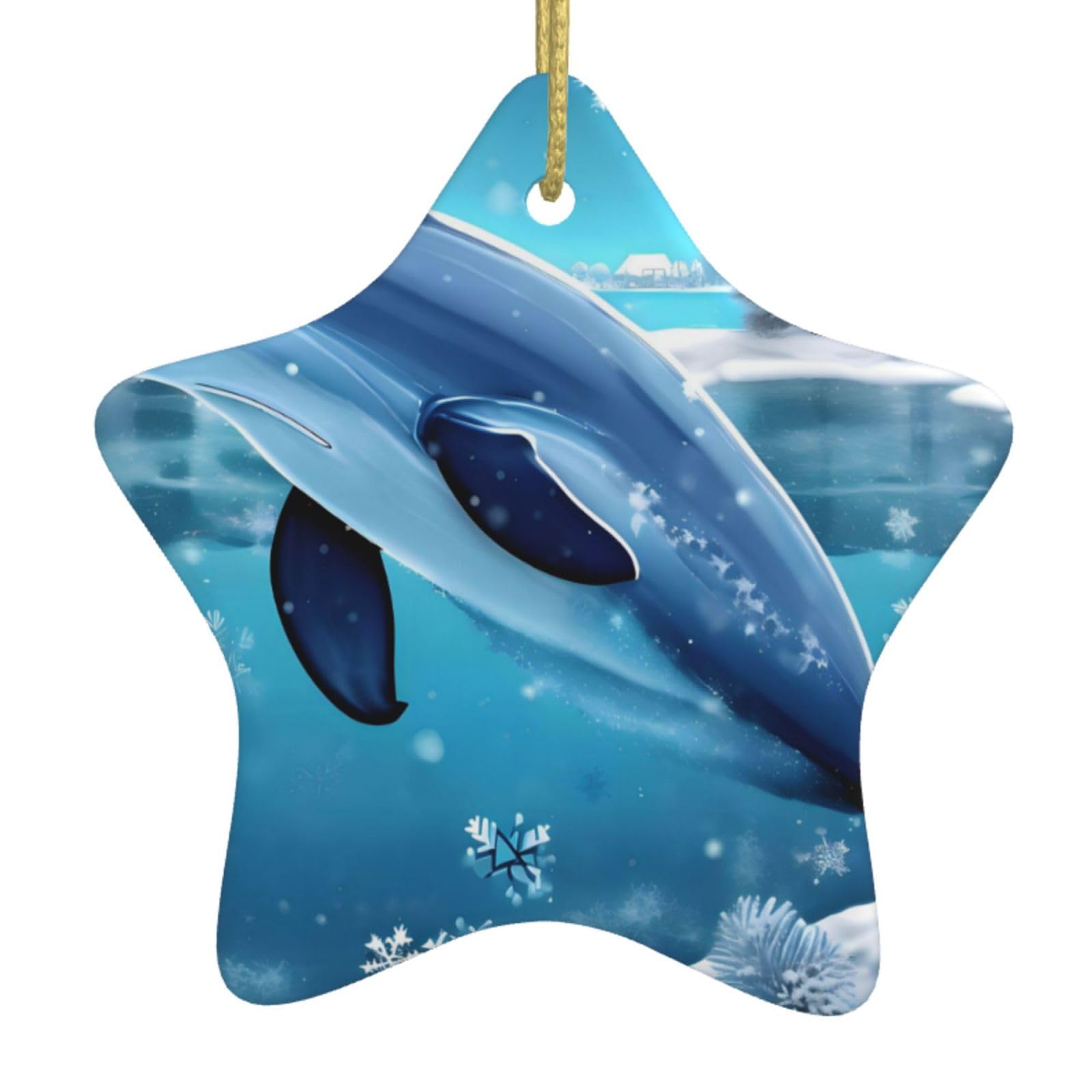 Winter The Dolphin Christmas Ceramic Star Pendant with Punched Holes and Gold Wire Rope, Christmas Tree Home Decoration