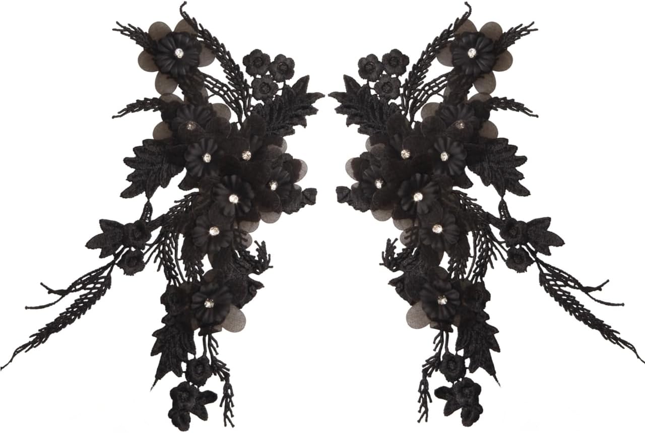 2pcs 3D Flower Embroidery Patches Lace Applique with Rhinestone for DIY Sewing Clothing Wedding Dressing Decoration (Black)