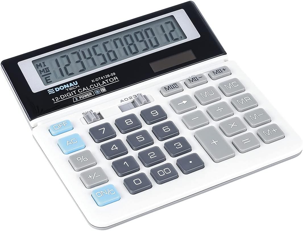 DONAU TECH/K-DT4126-09 Desktop Calculator 12-Digit Root Function 156 x 152 x 28 mm White with 12-Digit Display Dual Power Solar Battery Operated Compact Design