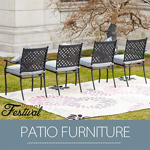 Festival Depot 5 Piece Patio Dining Set Metal Chairs With Seat Cushions And Round Iron Table With Umbrella Hole All Weather Outdoor Furniture For Bistro Deck Garden (Blue) #TOP5