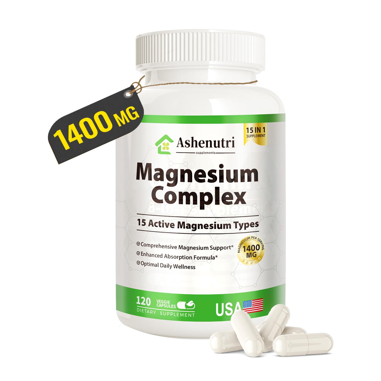 Magnesium Complex for Women Men 1400mg Magnesium Glycinate 15-in-1- Glycinate, Malate, Citrate, Taurate - Supports Stress, Muscle & Sleep - Non-GMO - 120 Capsules — Amazon image 2