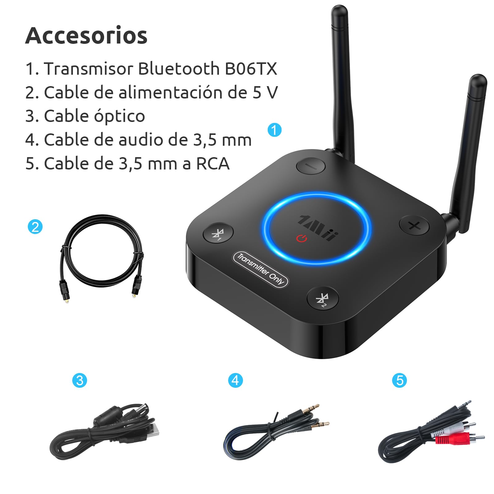 1Mii B06TX Transmisor Bluetooth 5.3 para TV a 2 Auriculares Bluetooth, Adaptador Audio TV con Control de Volumen, Entrada Óptica, Coaxial, AUX/RCA, aptX Baja Latencia/HD, Largo Alcance