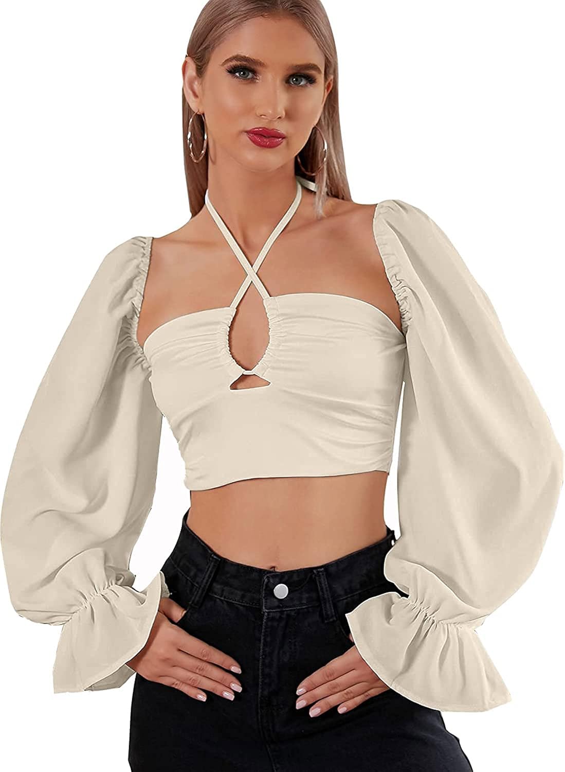 Women's Lantern Sleeve Drawstring Hollow Out Crop Kuwait Ubuy