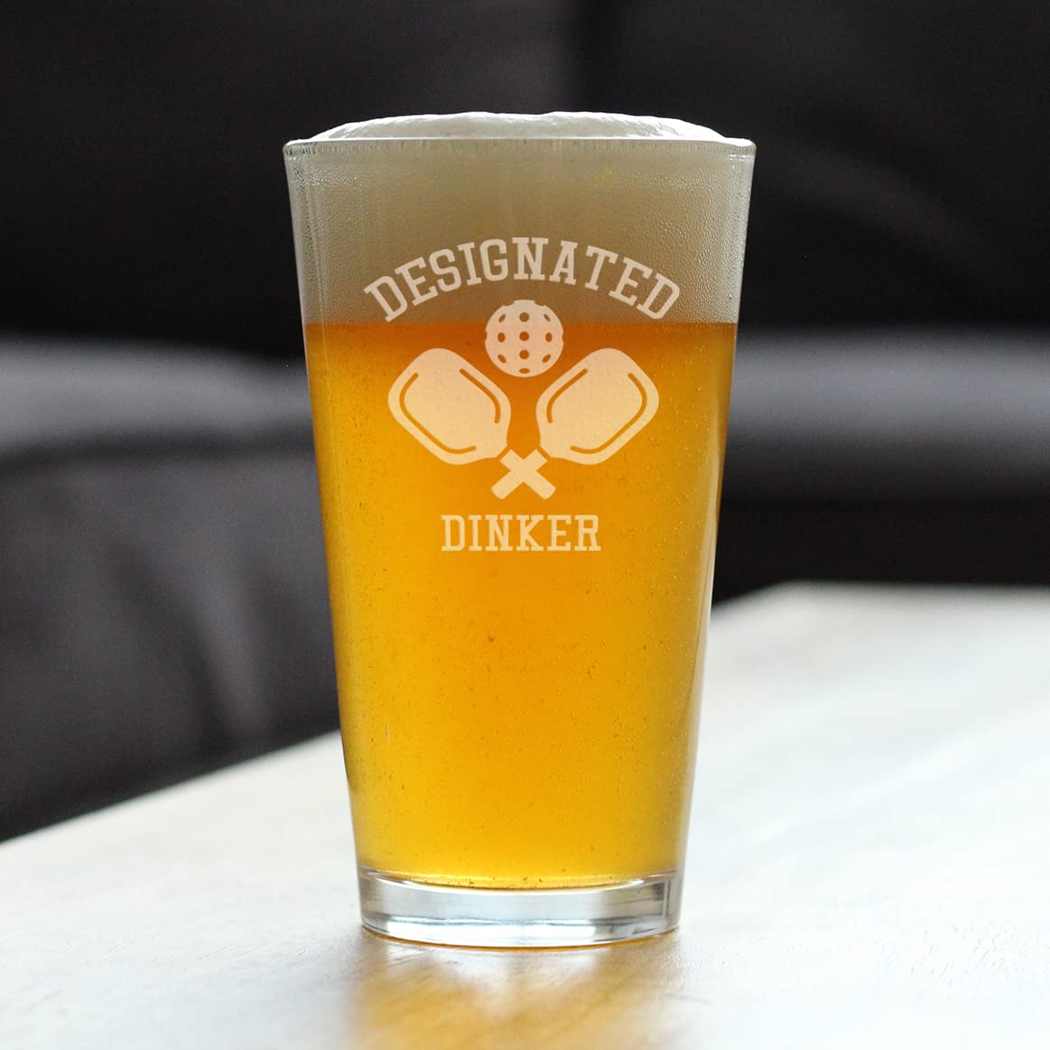 Designated Dinker - Pint Glass for Beer - Funny Pickleball Themed Decor and Gifts - 16 oz Glasses