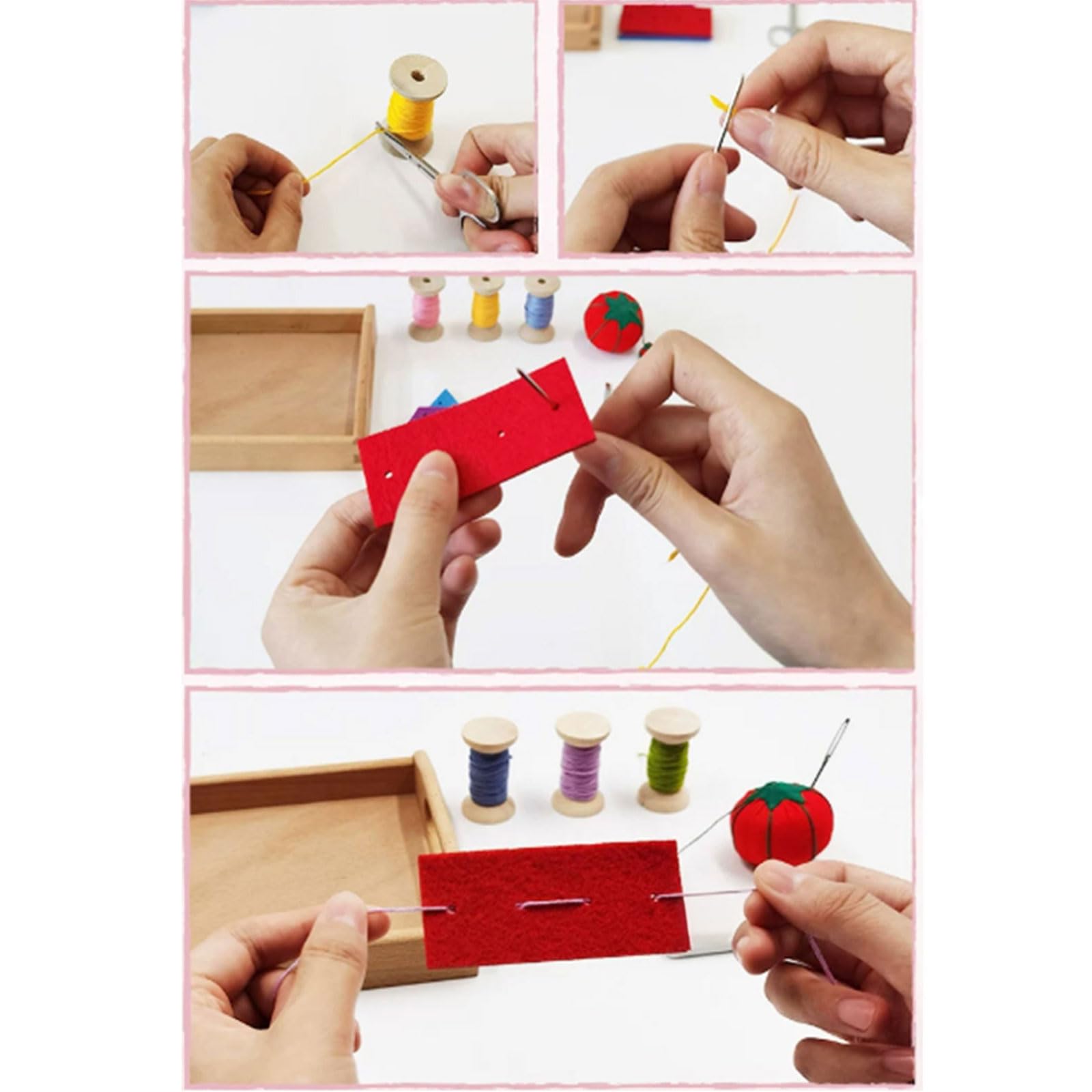 Montessori Nähen & Sticken Praxis-Set für das Reale Leben, Kinder Set für Feinmotorik beim Nähen mit Tablett aus Holz