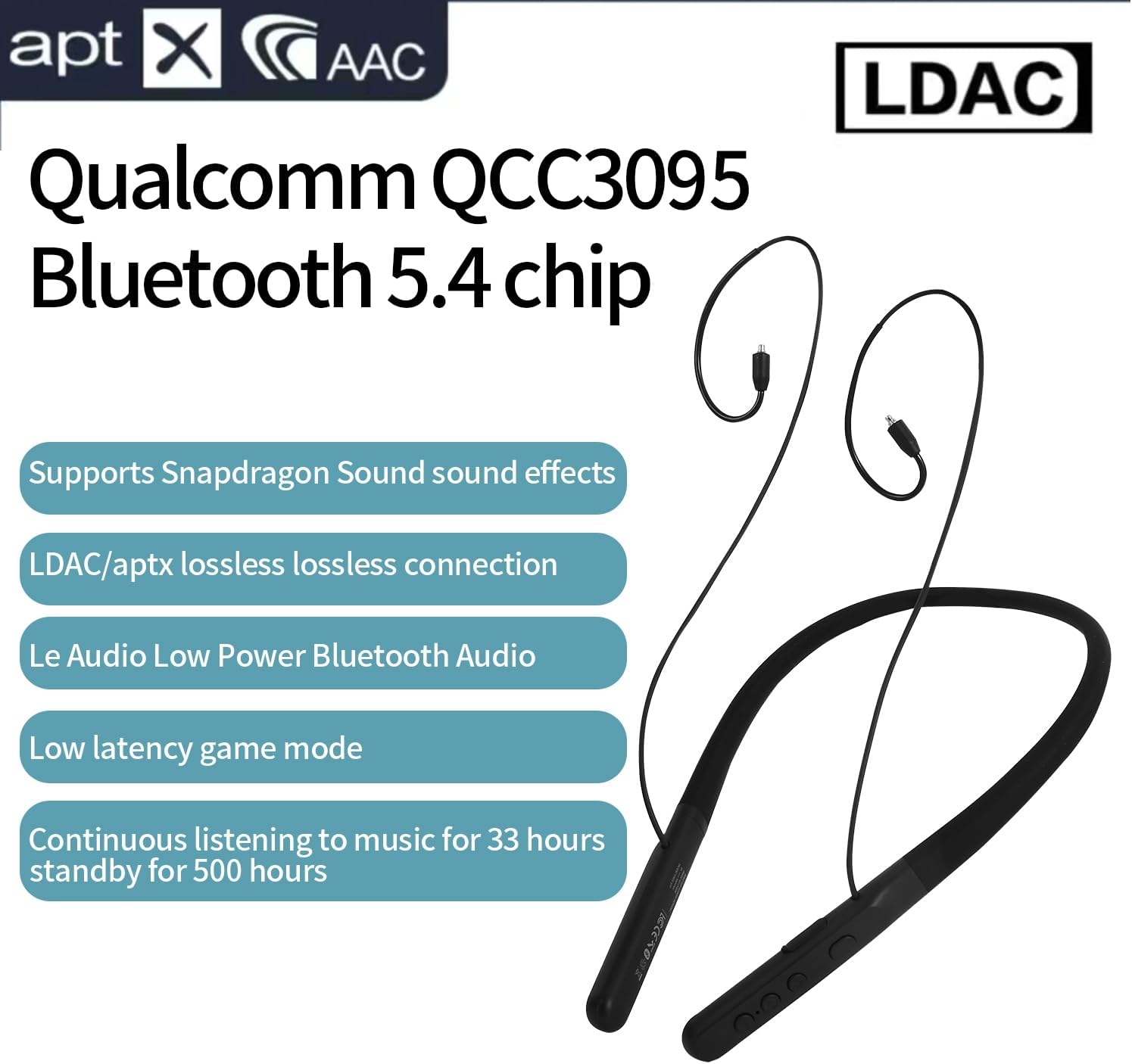 eppfun Wireless Bluetooth Neckband Headphones QCC3095 LDAC/aptX Lossless/aptX Adaptive/aptX-HD HiFi Earphone Cable MMCX for Sports Office