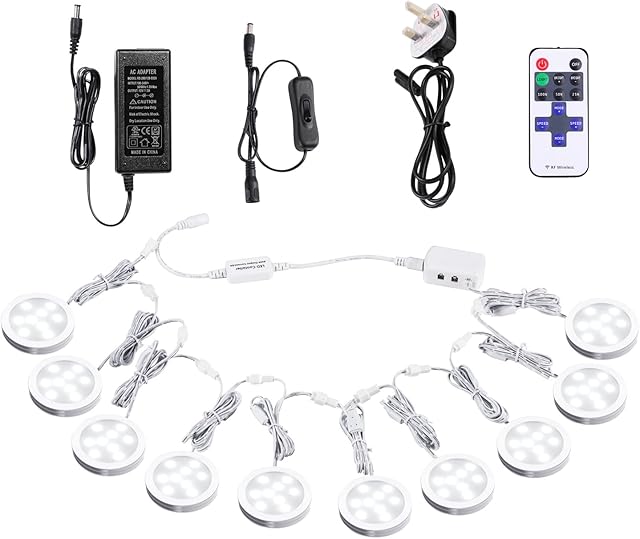 AIBOO Linkable Under Cabinet LED Lighting - Dimmable Puck Lights with Wireless RF Remote Control Cupboard Lights Under Counter Lights for Closet Showcase Wardrobe (10 Lights Daylight White)