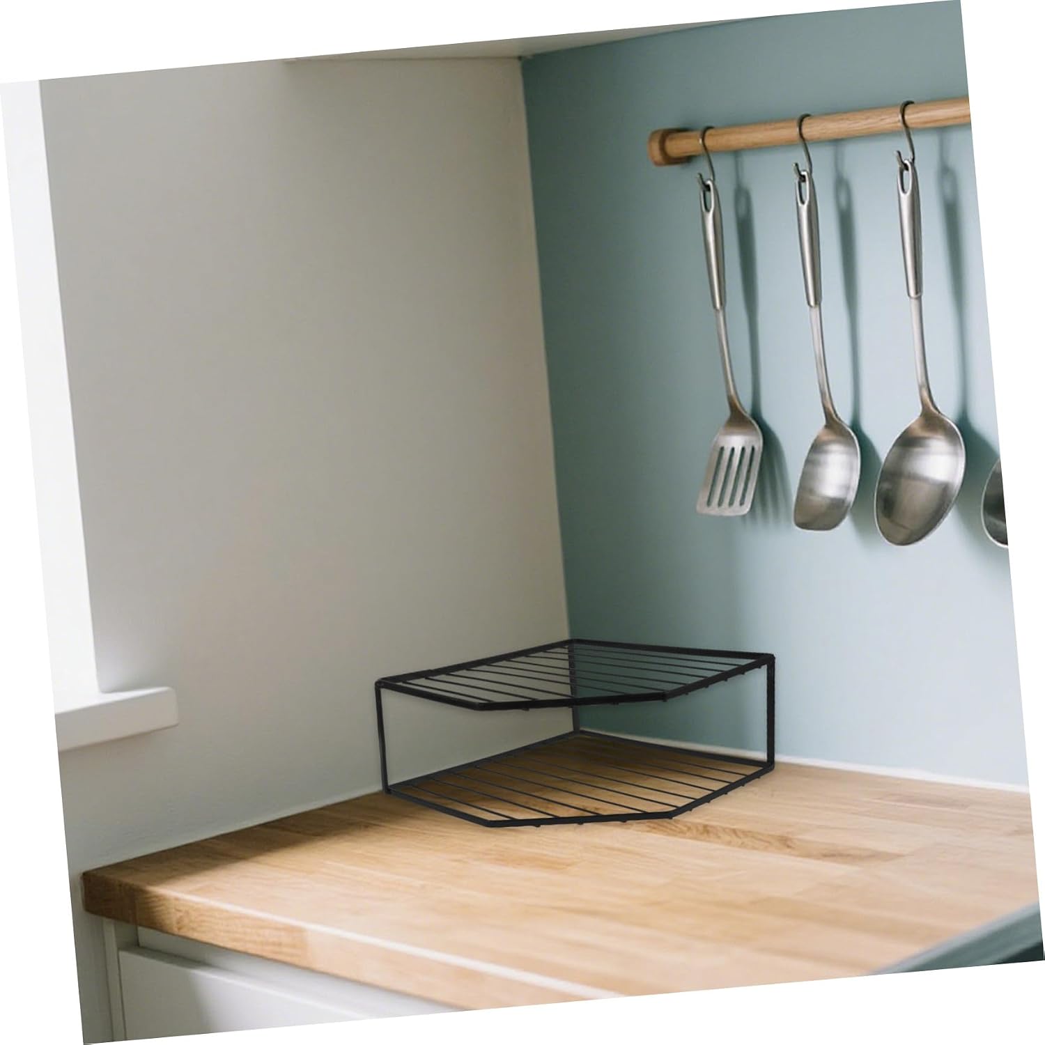 Amosfun Black Iron Double Layer Pan Rack Stand for Kitchen Counter Corner | Plate and Bowl Storage, Under-sink Placement, Stable Support for Heavy Cookware, Modern Classic Profile