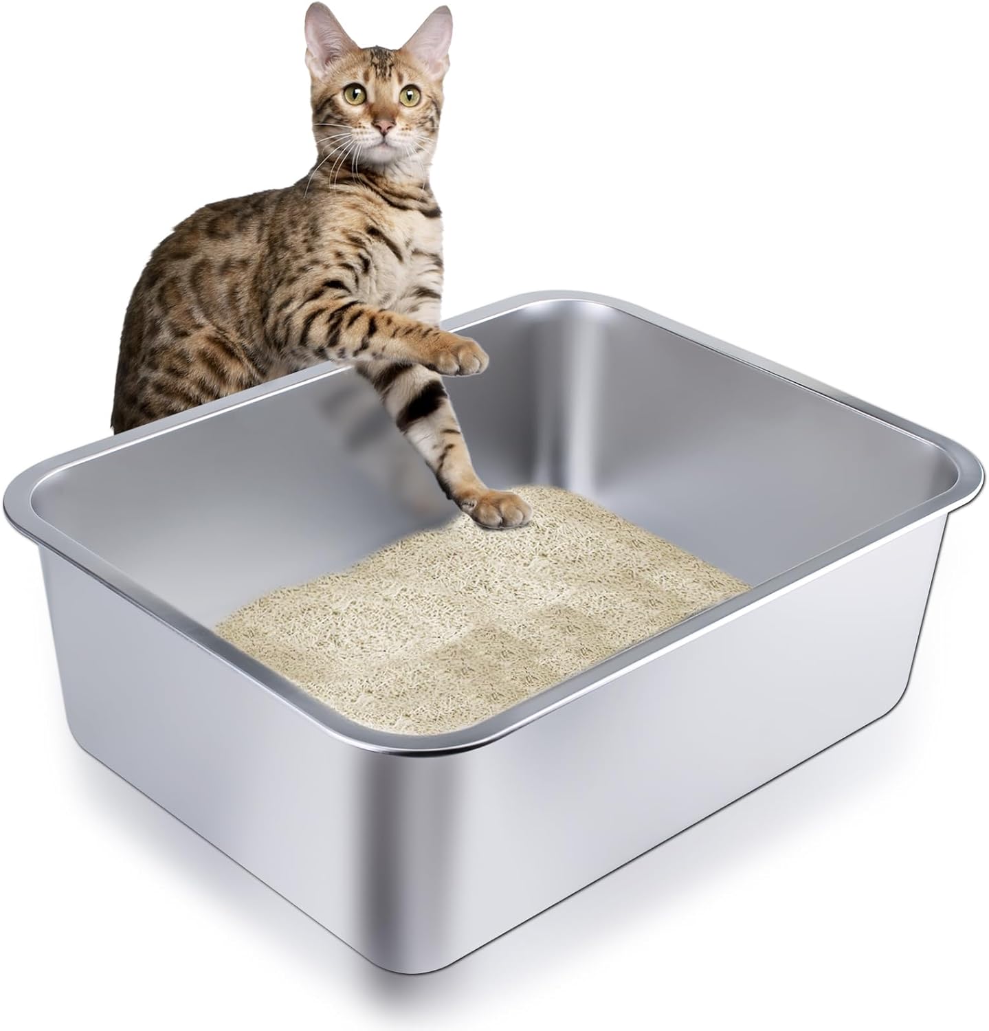 Stainless Steel Cat Litter Box - Large Metal High-Sided Litter Pan for Cats, Rabbits, and Pets, Non-Stick, Odor-Free, Easy to Clean, Splash-Proof, Sturdy and Durable Indoor Cat Toilet Supplies 23.6" L x 15.8" W x 6" H