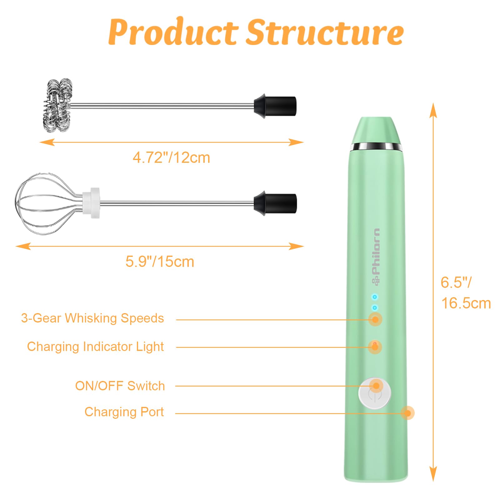 Philorn Mousseur à lait portable avec support, fouet à café rechargeable 3 têtes, fouet électrique, mini mousseur pour latte, cappuccino, matcha et chocolat chaud