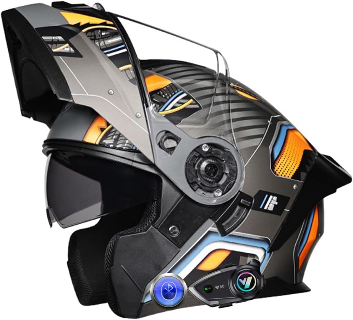 Kaski Motocyklowe Bluetooth, Kask Szczękowy Kask Motocyklowy Pełnotwarzowy Z Podwójnym Daszkiem, Mężczyźni Kobiety Zintegrowany Kask Z Redukcją Szumów Z Automatyczną Odpowiedzią