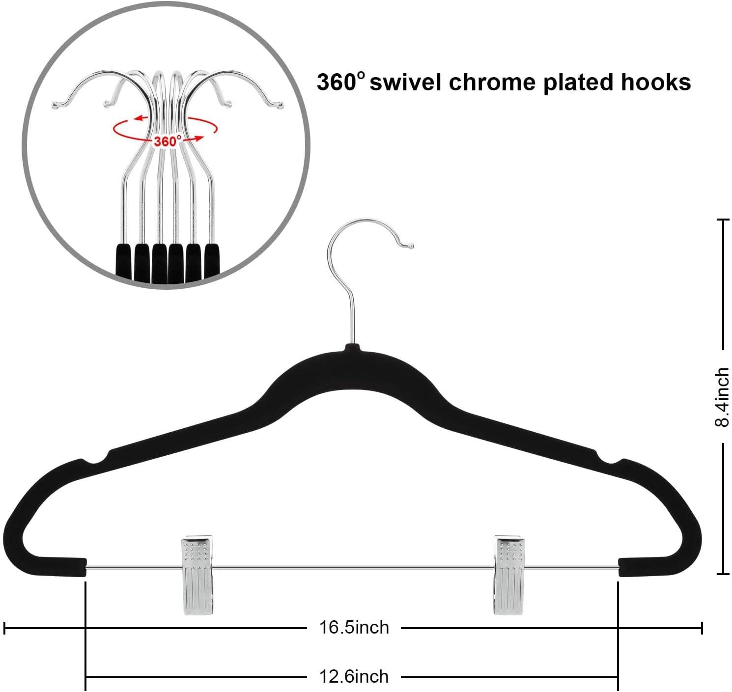 TIMMY Premium Black Velvet Hangers with Clips - 30 Pack Closet Organizers for Jeans, Trousers, Skirts | Rust-Resistant Metal Hooks, Space Saving Design for Wardrobe Storage - Image 3
