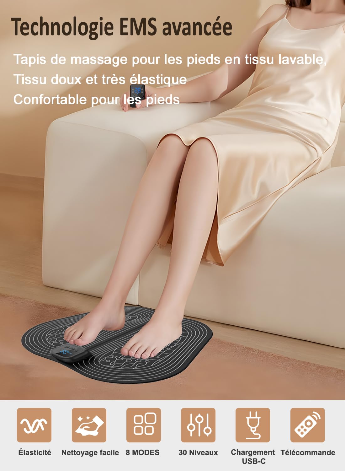 Masseur de Pieds EMS Portable, Tapis Masseur Plantaire Electrique Pliable, 8 Modes 30 Niveaux, Massage Pieds doux et Facile à Nettoyer, pour détendre les muscles, Télécommande, écran LCD