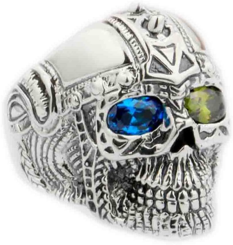 LINSION Silver Gothic Indian Ring Skull Mens Tattoo Biker Blue Green CZ Eyes 9G405