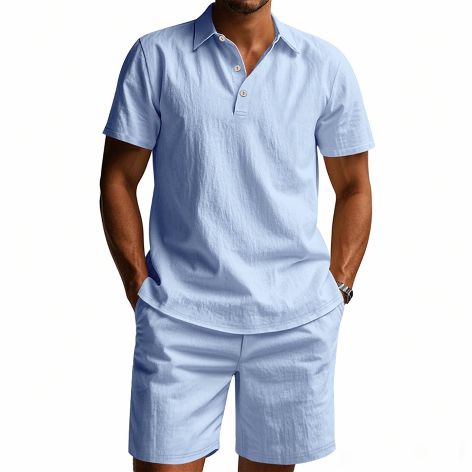 Tute Eleganti Completi Estivi Uomo 2 Pezzi Set Magliette Polo Manica Corta A Bottoni E Pantaloni Corti Con Tasche Tinta Unita Traspirante Comodo Completo Lino E Cotone Per Spiaggia