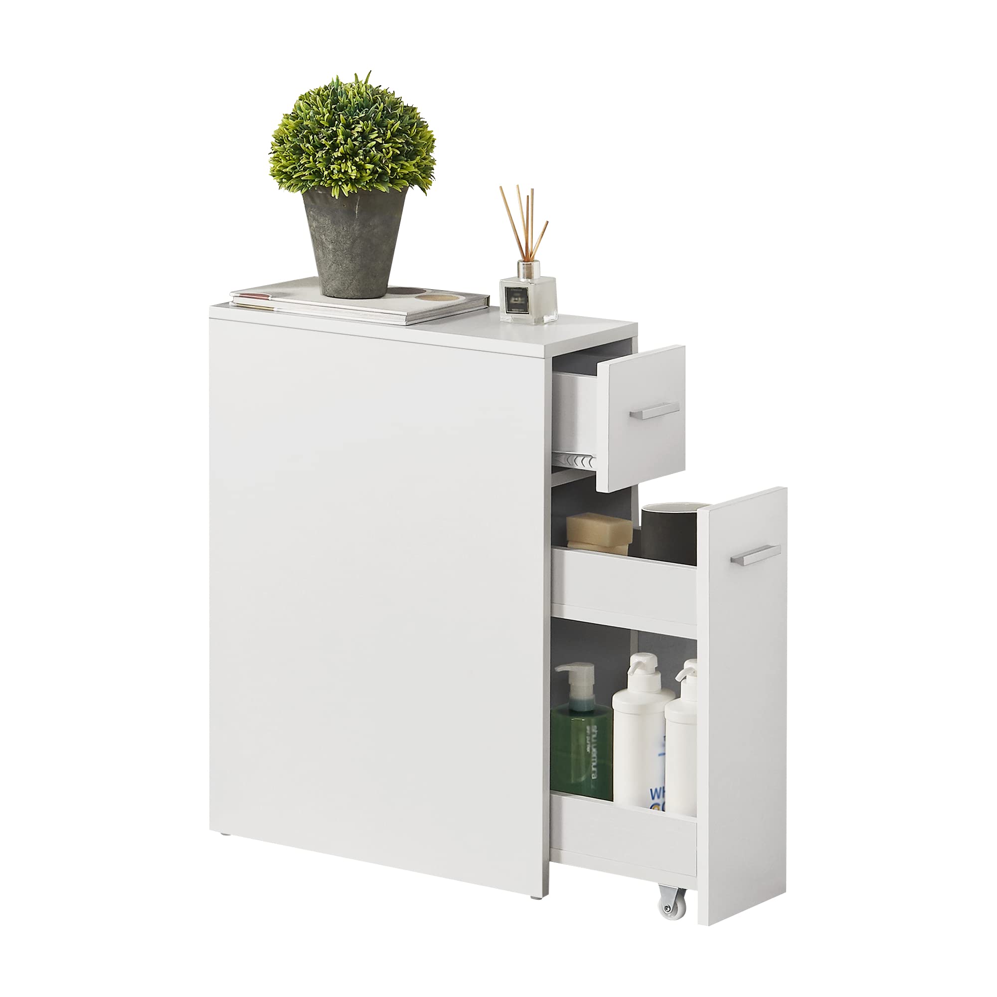 [en.casa] Mobile da Bagno Basso Stretto con 2 Cassetti Armadietto Multiuso per Cucina Lavanderia 61x20x45 cm Cassetto Estraibile a Ripiani e Rotelle - Bianco