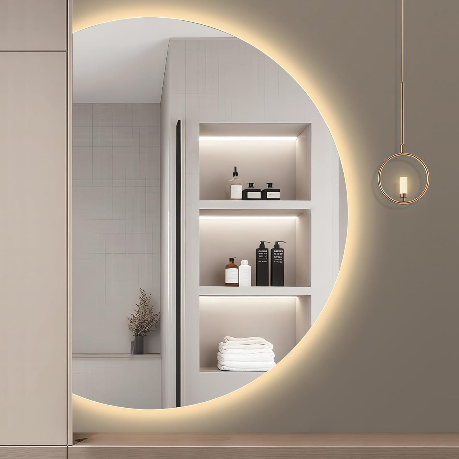 SXFSDOU Dimmable Wall-Mounted Bathroom Mirror 51", Frameless LED Smart 3 Colors Vanity with Touch Switch 47", Anti-Fog Explosion-Proof(Left Cut,90x60cm/35x24)
