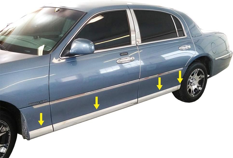 Made in USA! Compatible with 1998-2011 Lincoln Town Car Lower Rocker Panel Rocker Panel Chrome Stainless Steel Body Side Moulding Molding Trim Cover 4" Wide 8PC