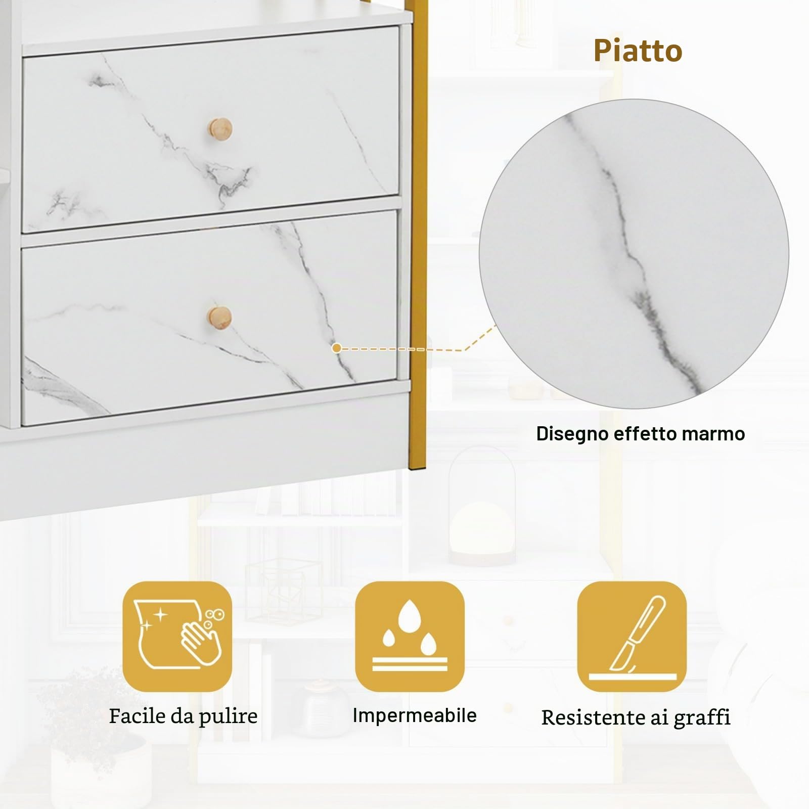 KOMHTOM Libreria con 1 anta e 2 cassetti, libreria, mobile di stoccaggio, scaffali per soggiorno, camera da letto, balcone, cucina (oro+bianco)