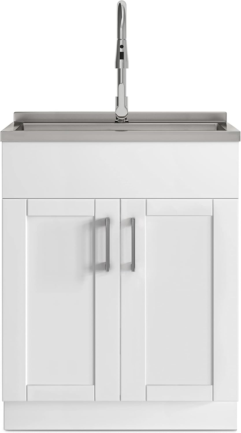 SIMPLIHOME Modern Wide Shaker All-in-One 28 inch Wide Utility Sink and Laundry Cabinet in Pure White Finish, Transitional Stainless Steel Sink Cabinet for Laundry Rooms with High-Arch Chrome Faucet