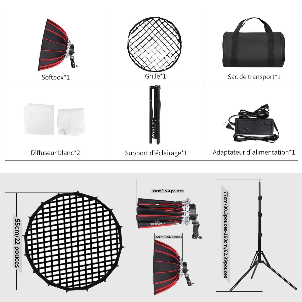 Kit d'Eclairage 60W LED Softbox Parabolique Portable Grille 3000-6500K,boîte à lumière de 55cm Photographie de Portrait et de Produits Diffusion en Direct Vidéo en Studio ou en Extérieur