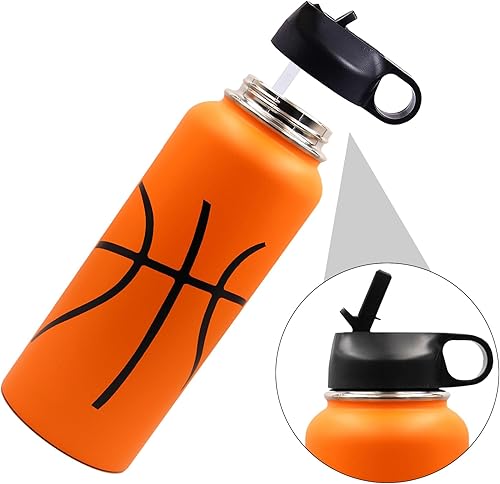 Miniatura 2 de Botella de agua de baloncesto de 40 onzas, botella deportiva de boca ancha, vaso de viaje de metal con 2 tapas, acero inoxidable de doble pared