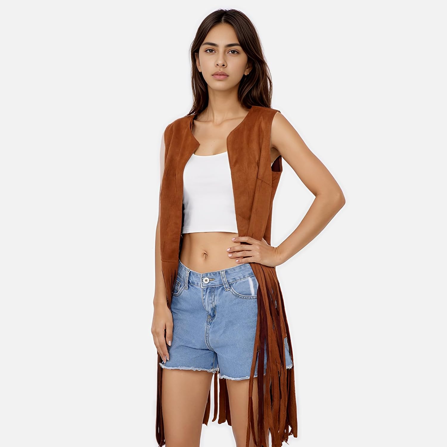 choyaxo Western Fringe Vest Faux Suede Sleeveless Cowgirl Tassel Vest for Halloween Hippie Party - Image 3