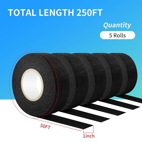 Wiring Harness Tape High Temp Self-Adhesive Fabric Tape 1 Inch x 50 FT (5 Rolls 250 FT Total) for Automotive Engine Harness Wrap, Electrical Cable Protection, Noise Damping