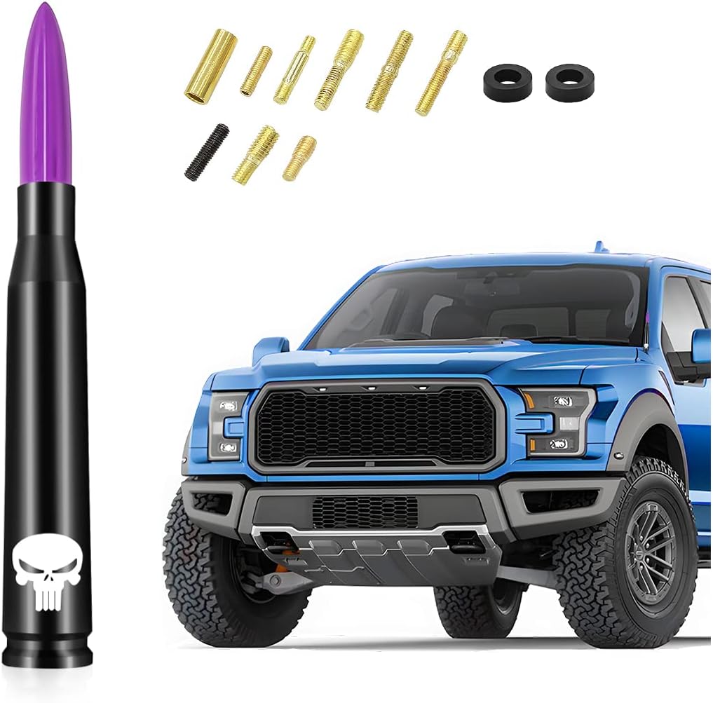 Car Truck Bullet Antenna, 5.5"x0.8" Replacement Short Antenna Mast with Screws Adapter, Skull Design AM/FM Radio Antenna, Automobile Exterior Accessories for Pickup, SUV, Vehicles (Purple)