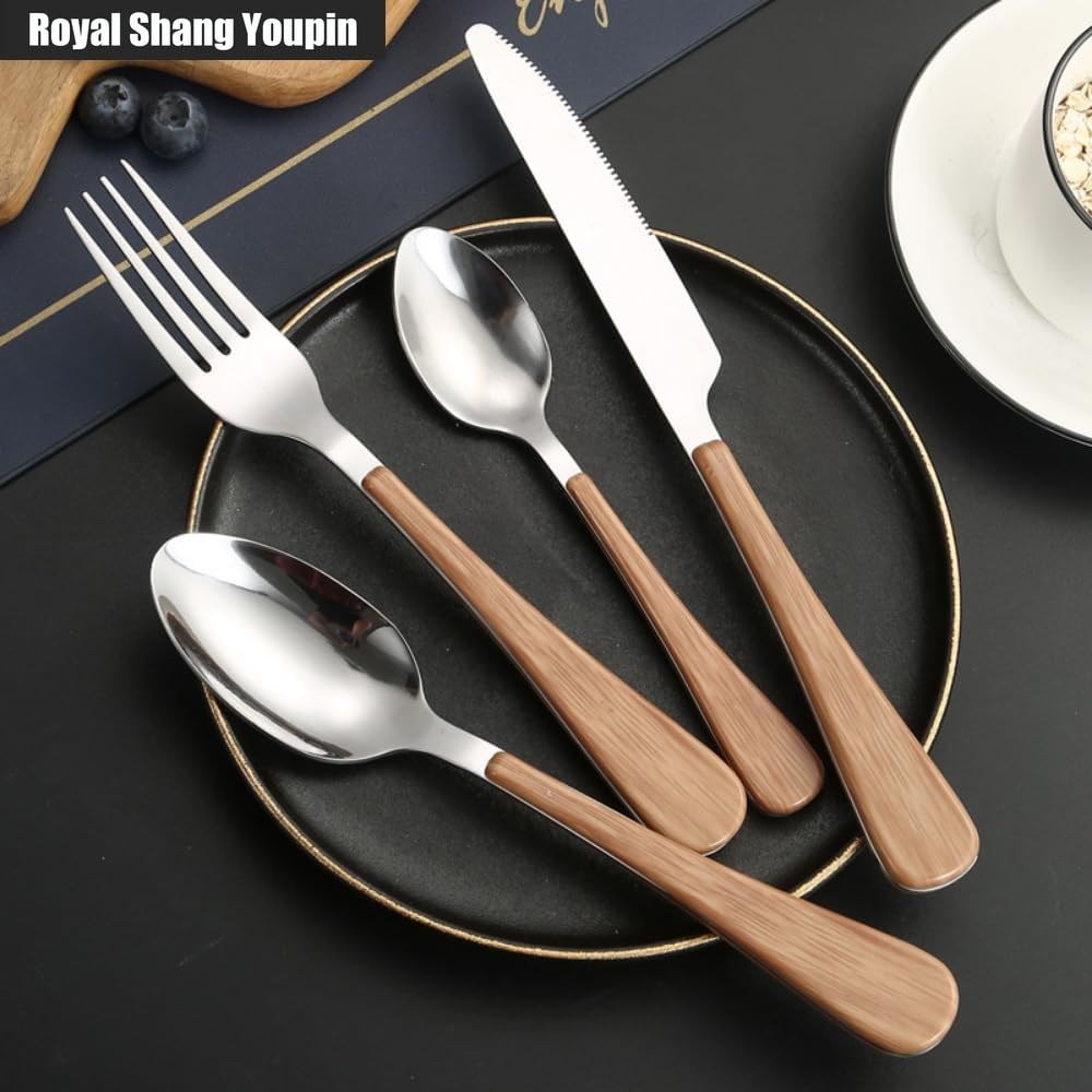 Manico Piatto in Legno Cucina Acciaio Inossidabile Posate Stoviglie Posate Coltelli Forchette Cucchiai Set, Hotel Home Coltello Da Bistecca Cucchiaio Da Dessert (Argento,16 pezzi)