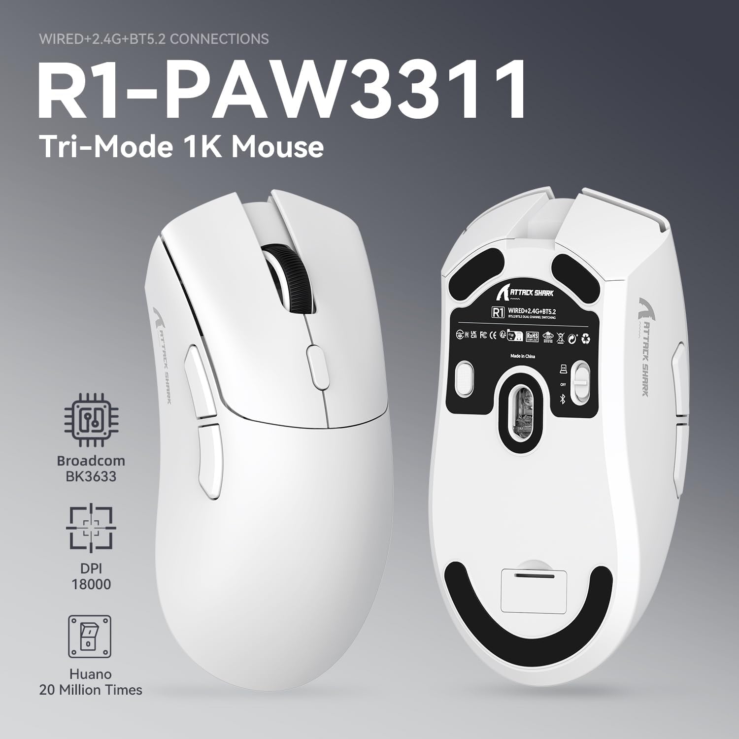 MAMBASNAKE Attack Shark X68 HE à Déclenchement Rapide Clavier, Souris R1 et Câble Spiralé 8 KHz, Précision RT 0,01 mm, Clavier Magnétique Filaire 8 KHz, Souris de Jeu sans Fil R1, pour PC/Mac -Blancs