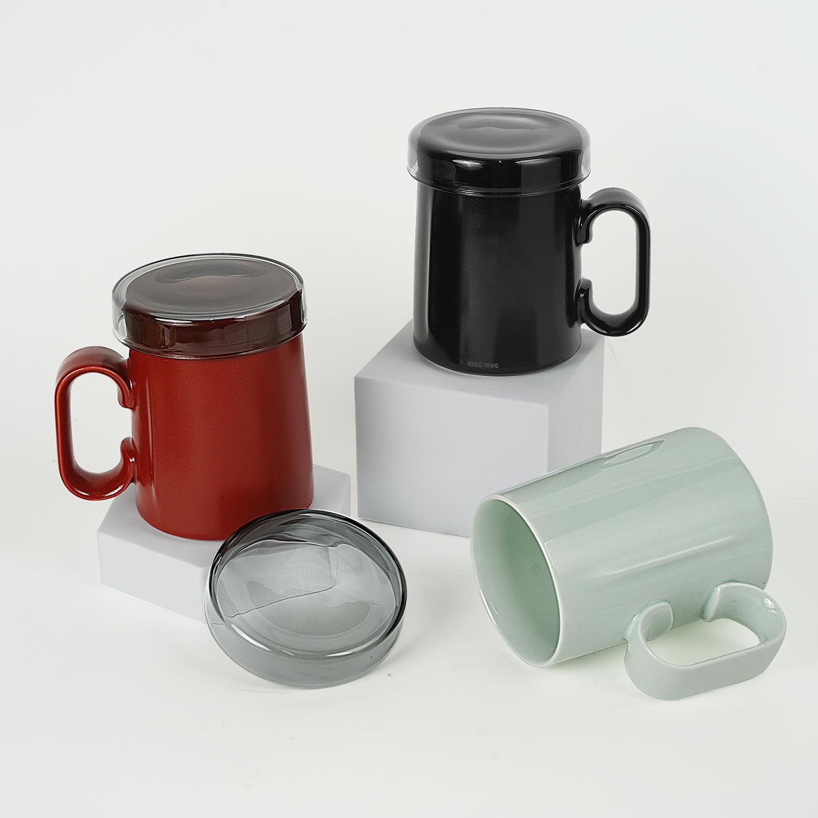 EurtAuro Designer's original handmade ceramic coffee mugs?Ceramics tea cup for office and home?Birthday gifts for men and women?mugs with lid?14.2oz (Cherry red)