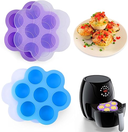 XANGNIER Molde de silicona para freidora de aire, paquete de 2 bandejas reutilizables para mordeduras de huevo con tapa, alternativa a la máquina de