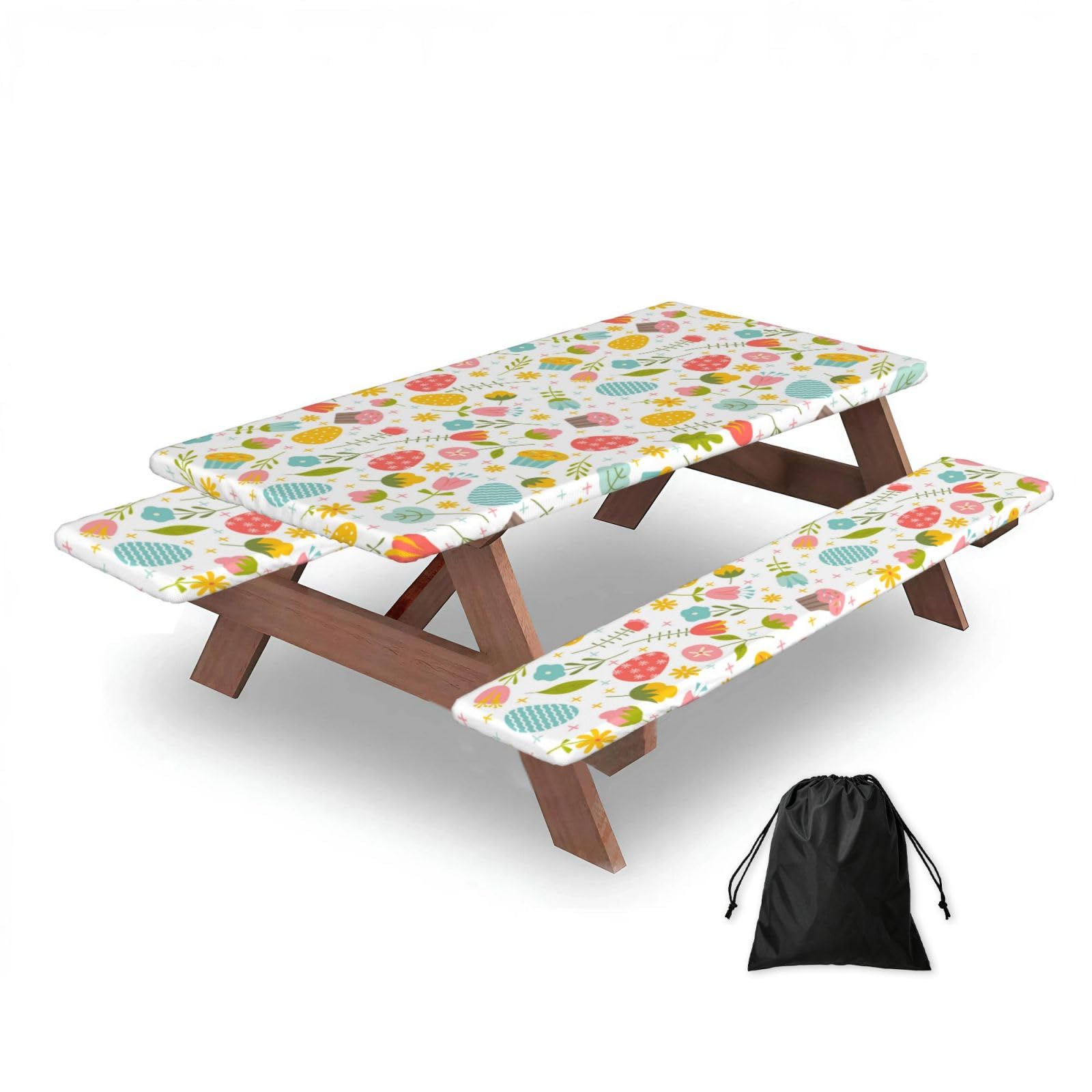 Dopklna As Picture Easter Spring With Flowers And Eggs, Picnic Table Cover With Bench Covers -Waterproof Elastic Fitted Tablecloth For Garden Camping Patio 76X152cm