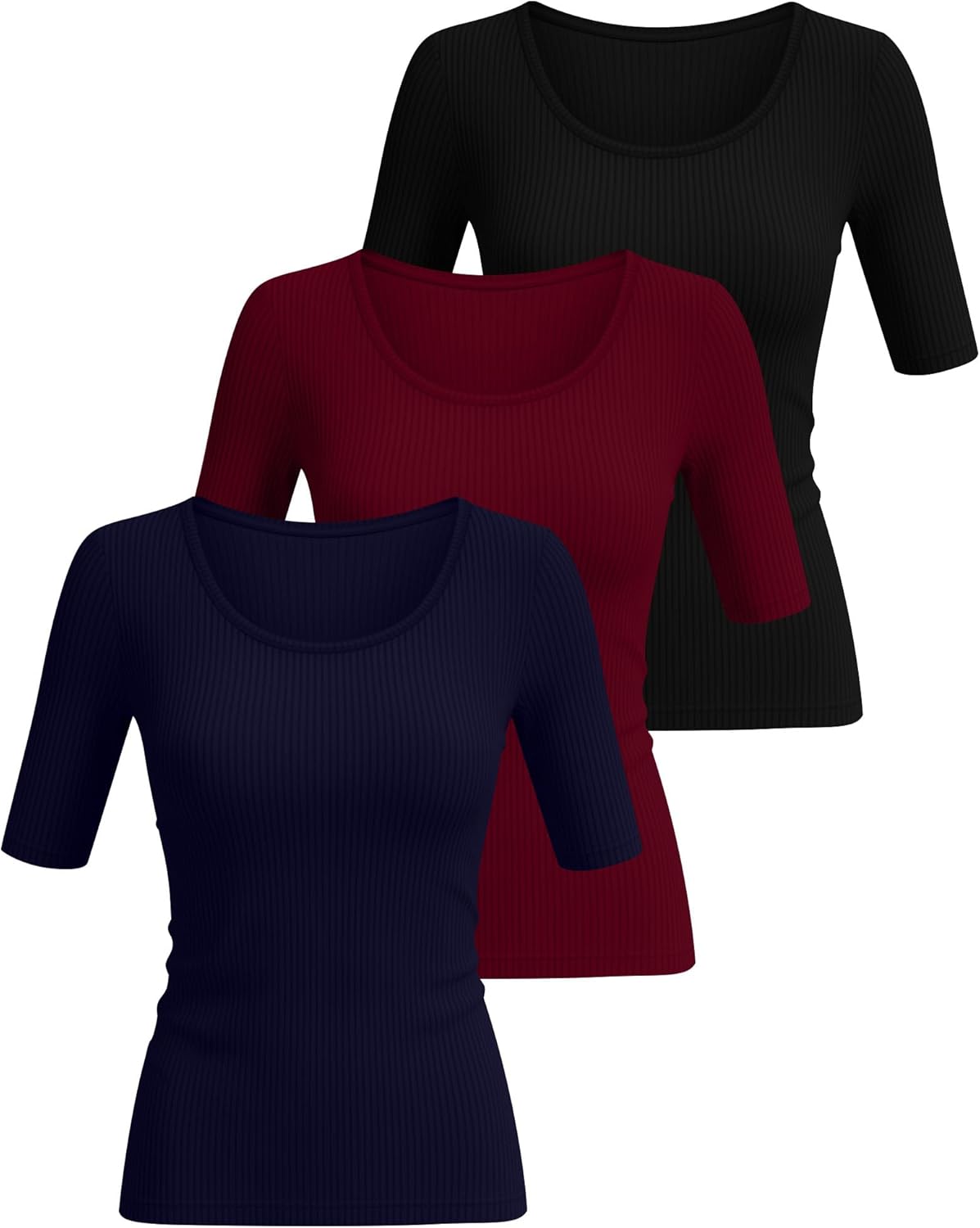 Ficerd 3 Pack Women's Half Sleeve Tops Ribbed Elbow Length Shirts Scoop Neck Slim Fit Summer Basic Tee Trendy Casual Blouses(Black, Navy, Burgundy,X-Large) - Image 3