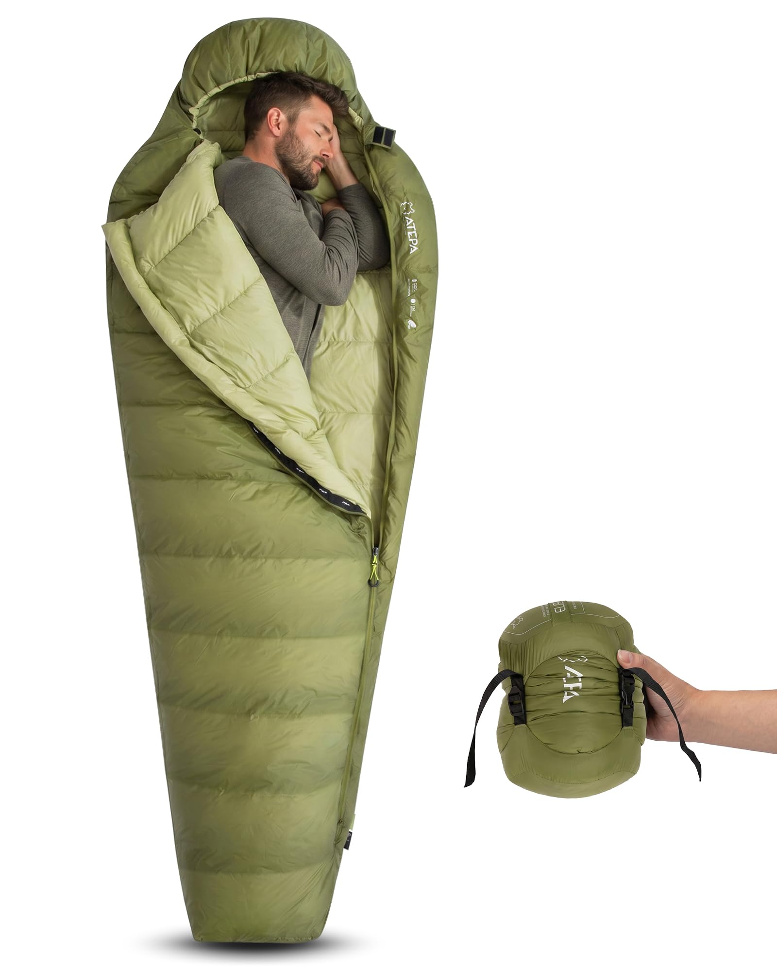 ATEPA 700FP Down Sleeping Bag for Adults, Ultralight 0 Degree Mummy Sleeping Bag with RDS Down & Recycled 15D Nylon Shell for Backpacking Camping Hiking, ISO Limit 0℃, Green