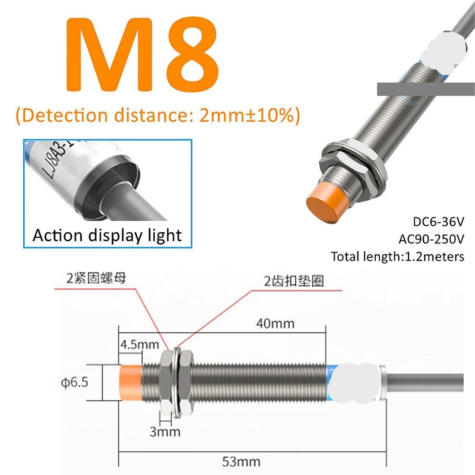 1 sztuka żółty czujnik przyłożenia indukcyjny czujnik zbliżeniowy M8 M12 M18 30 4 mm DC 12 V AC 110 NO NC NPN PNP wykrywanie (M24(Shielded), DC Type 2Wire NC, 1 szt