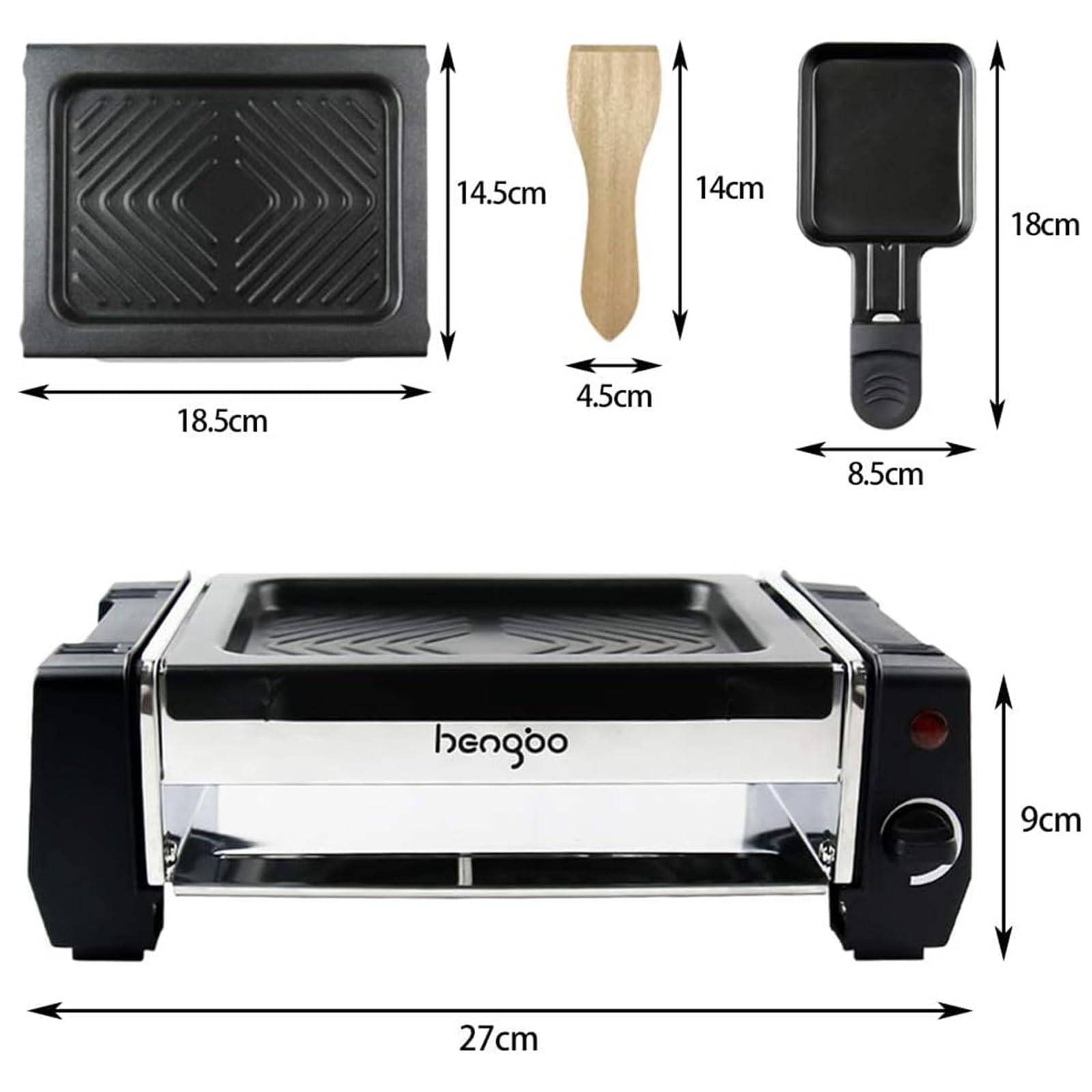 Mini Appareil à Raclette 2 Personnes, Plancha Électrique, 500 W | Gril électrique de table avec plaque antiadhésive réglable, 2 poêlons et 4 spatules pour griller et faire fondre le fromage