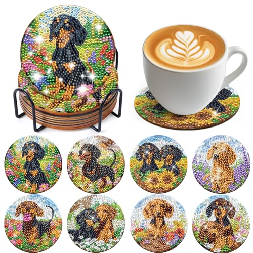 Dachshund Diamond Art Coasters Kit - 8 Pcs Cute Dogs Animal Diamond Painting Coaters Kit for Adults, Dog Pet Gem Art Rhinestone Crafts Gifts for Christmas Birthday Holiday