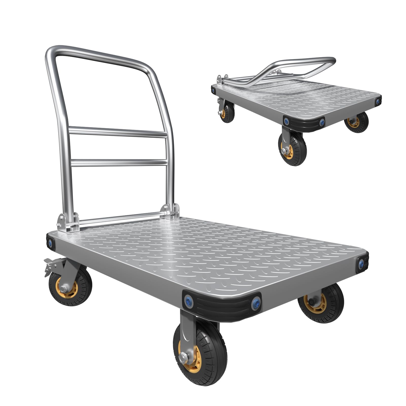 Klappbarer Plattformwagen 900 kg Traglast, Transportwagen mit 12,7 cm Bremsrädern, 91x60 cm Rollwagen Klappbar für Lager, Möbel & Haushaltsgeräte, Silber