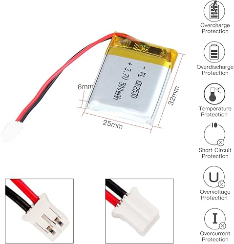 Miniatura 2 de 3.7V 500mAh Batería 602530 Li-ion Li-ion recargable Li-ion Li-Po Batería con 2P PH 0.079 in Pitch Connector