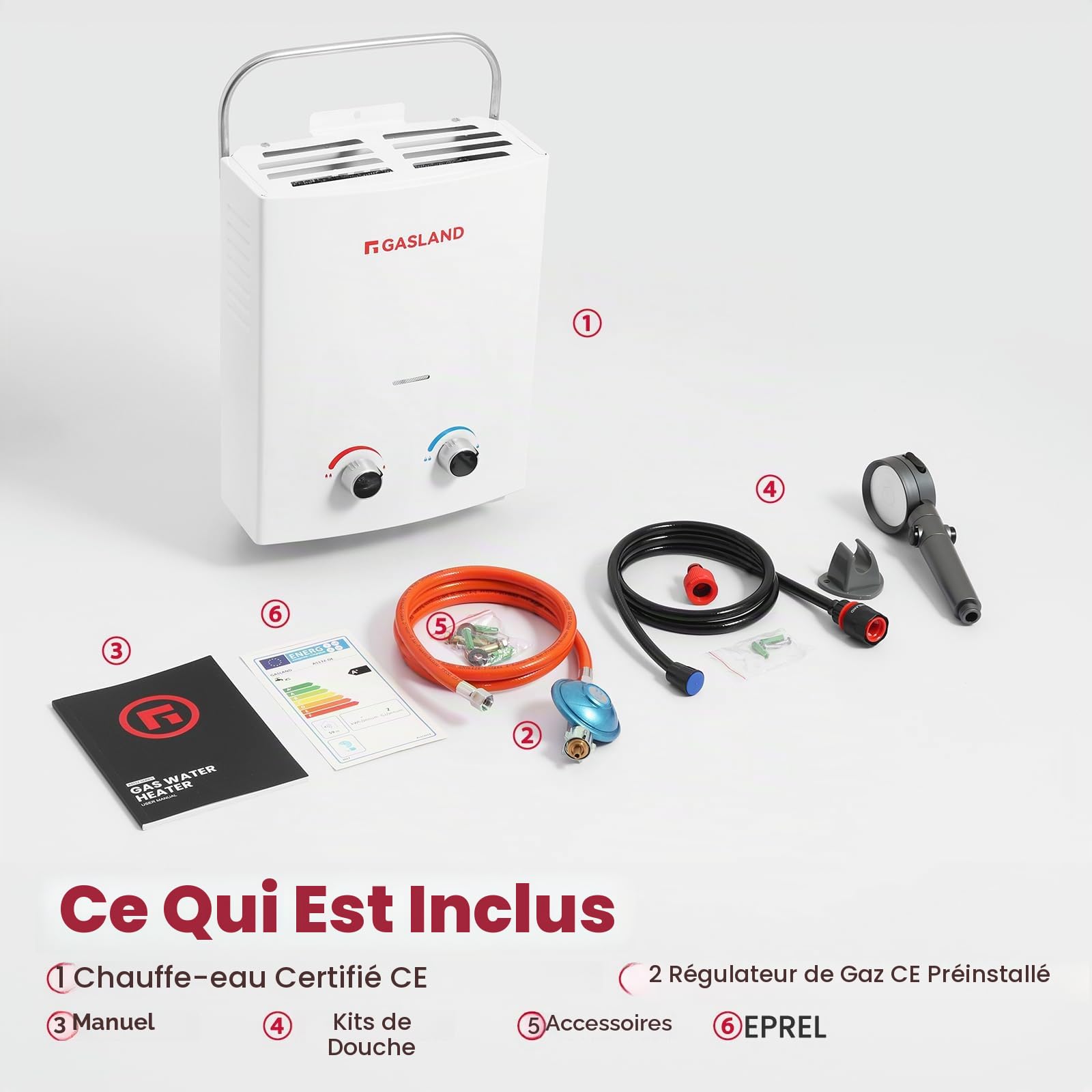 GASLAND Chauffe-eau à gaz AS132 au propane, 50 mbar, chauffe-eau GPL pour camping, camping-car, douche et chevaux