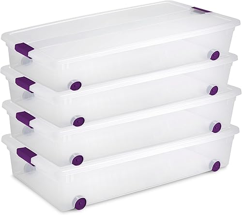 Sterilite Paquete de 4 cajas ClearView de 60 cuartos de galón, organizadores con ruedas para debajo de la cama con tapas de pestillo, contenedores