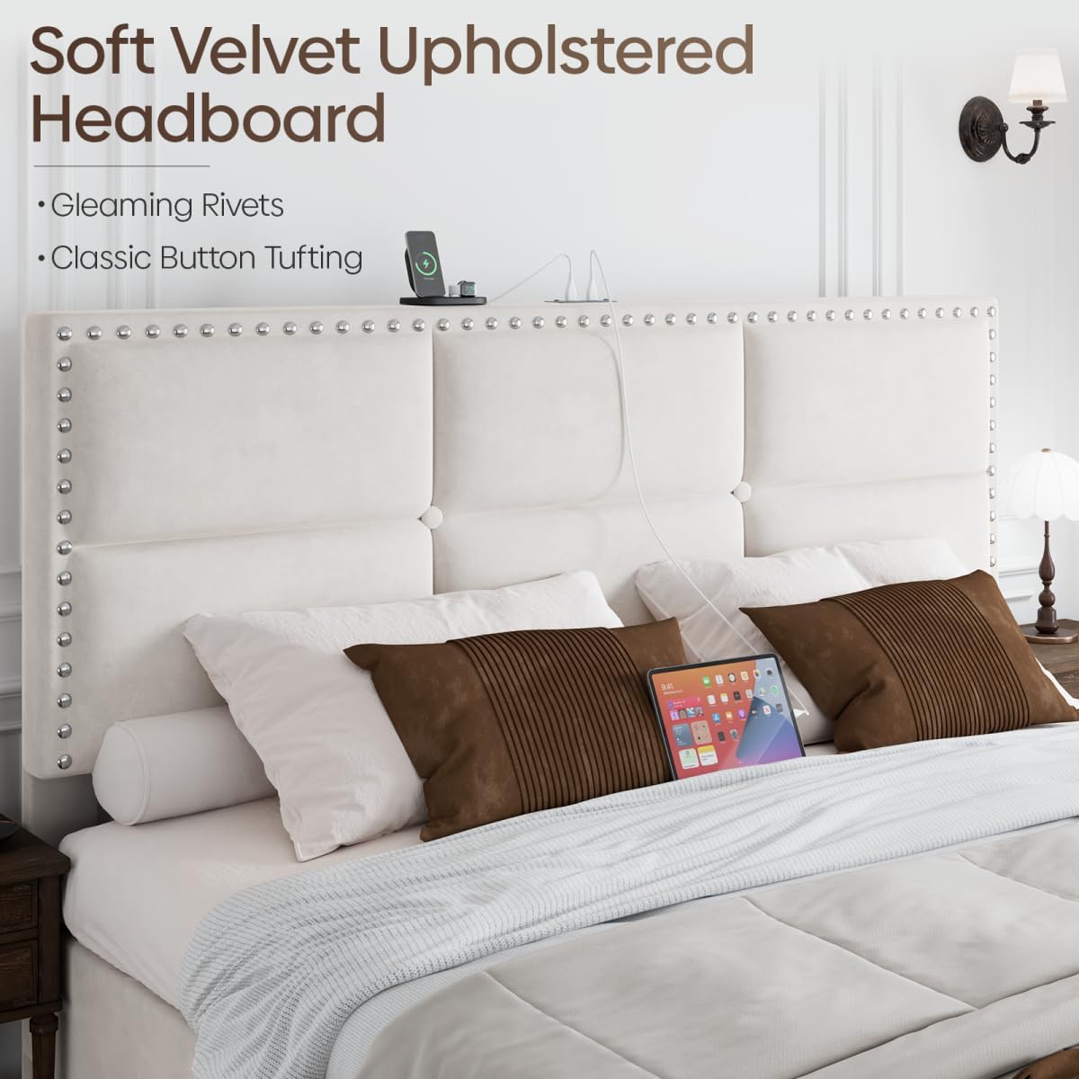 Queen Bed Frame with 2 Storage Drawers, Velvet Upholstered Platform Bed Frame Queen Size with Charging Station, Noise-Free, Wooden Slats Support, Easy Assembly, White