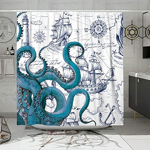 DESIHOM Blue Nautical Octopus Tall Shower Curtain Set, Funny Ocean Kraken Shower Curtains for Bathroom, Beach Coastal Pirate Map Decor Polyester Fabric-72" x 78" Cover